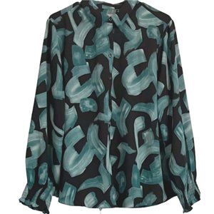 Chico's Abstract Print Blouse Tunic Size 3 (16/18) Button Front Ruched W…